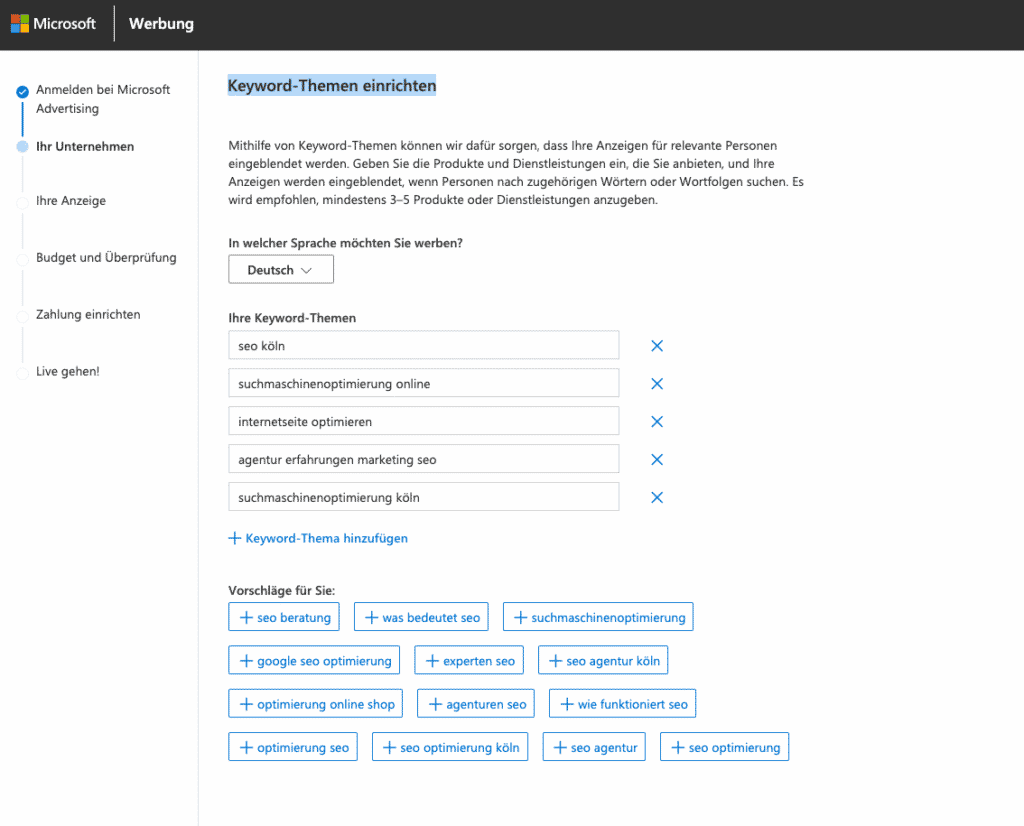 Keyword-Themen einrichten Bing Ads