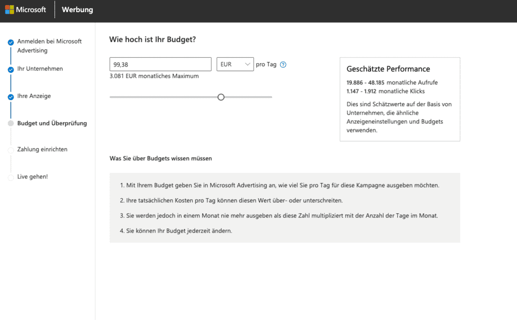 Wie hoch ist Ihr Budget Bing Ads