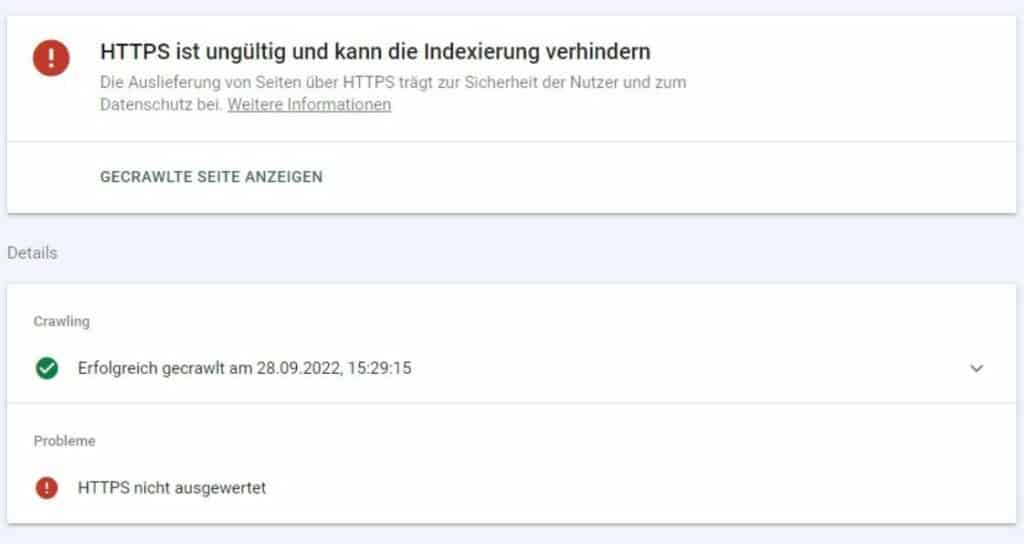 HTTPS ist ungültig und verhindert möglicherweise, dass es indiziert wird