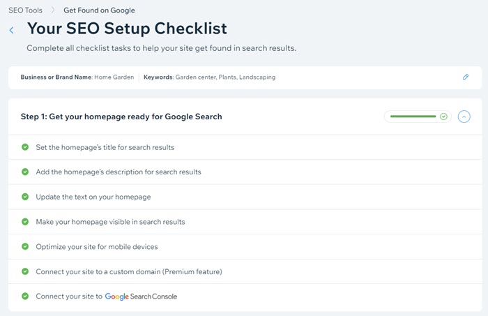 Checkliste des Wix SEO-Assistenten